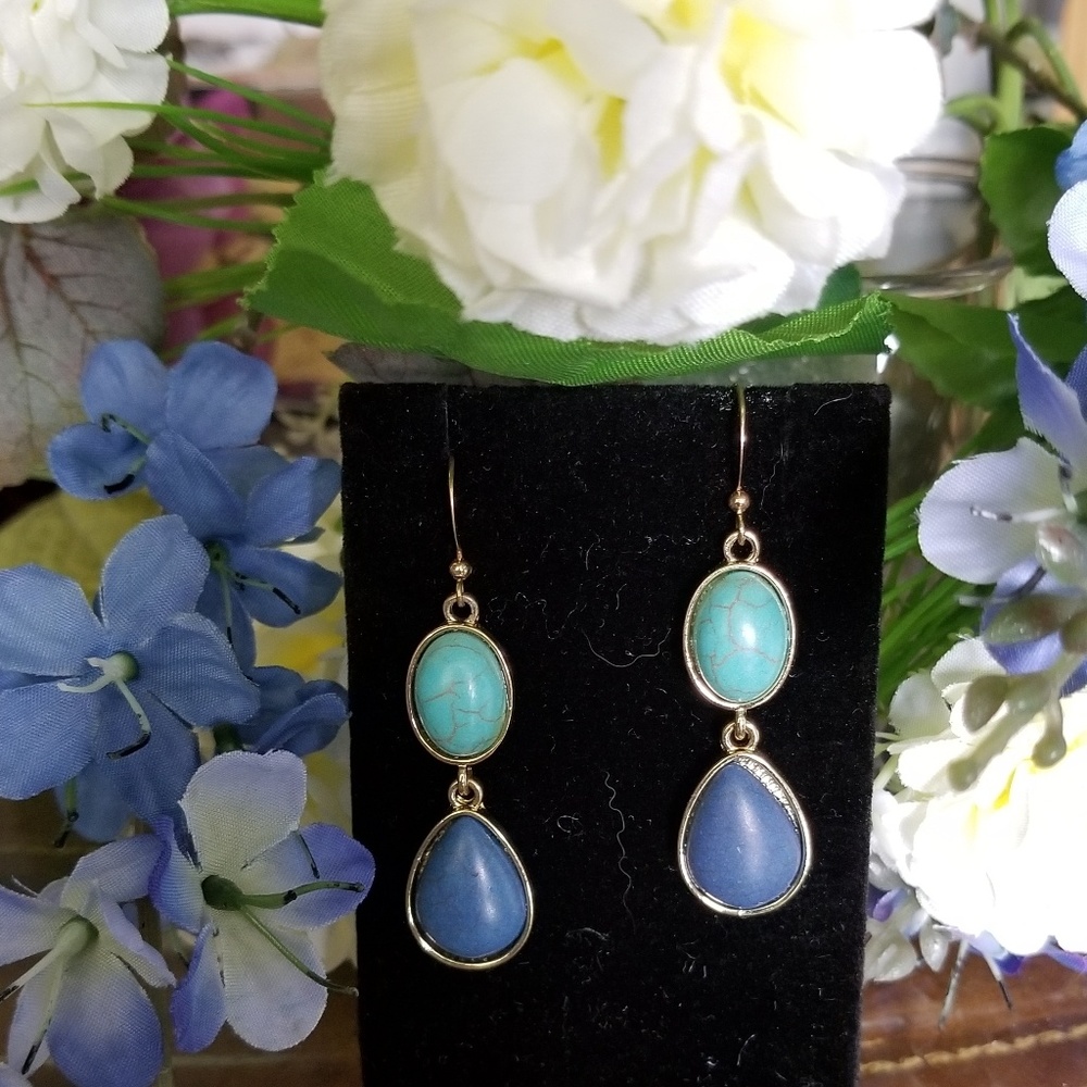 Blue Double Cabochon Drop Earrings #119